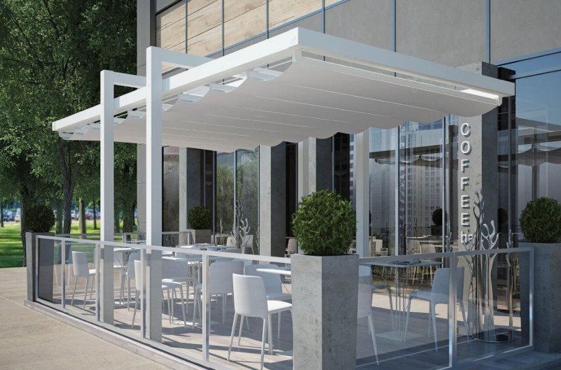Rectangular white metal pergola with retractable roof and inset posts